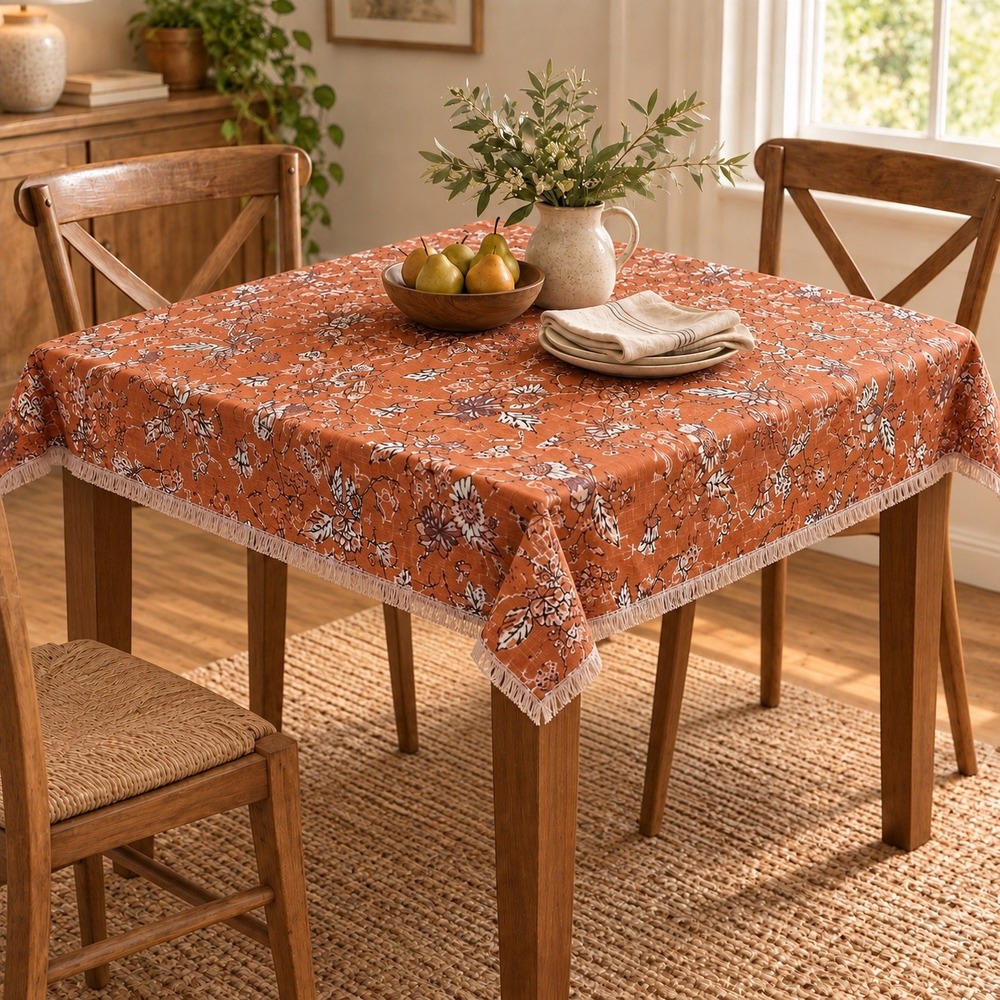 Threshold Square Tablecloth Fall Floral Rust Orange 48x50 Fringed Edge Cotton